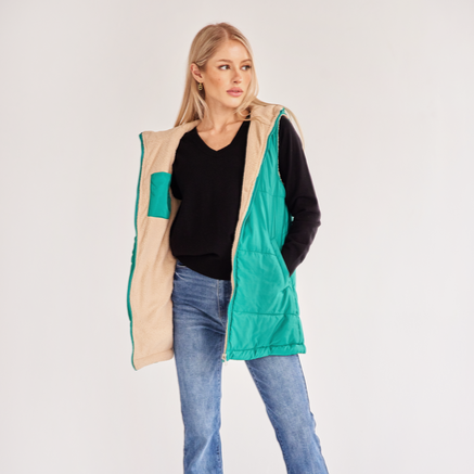 Women's Medium-length Zip Up Hooded Reversible Vest Jacket Coat